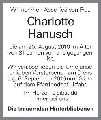 Traueranzeige von Charlotte Hanusch von OÖNachrichten