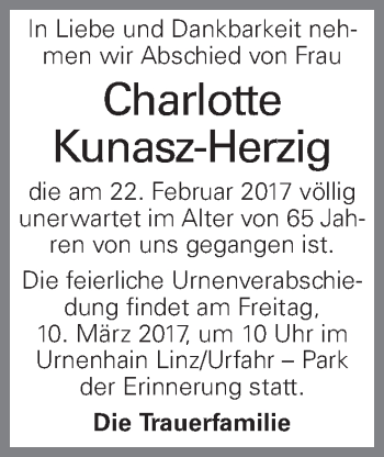 Traueranzeige von Charlotte Kunasz-Herzig von OÖNachrichten