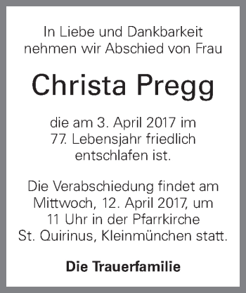Traueranzeige von Christa Pregg von OÖNachrichten