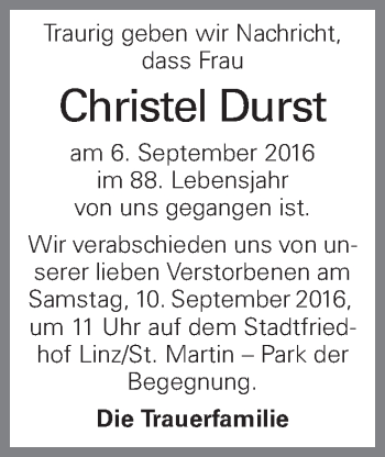 Traueranzeige von Christel Durst von OÖNachrichten