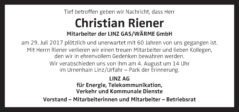  Traueranzeige für Christian Riener vom 02.08.2017 aus OÖNachrichten