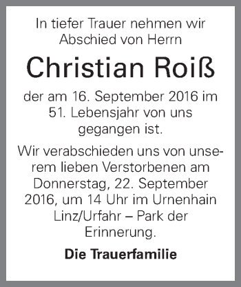 Traueranzeige von Christian Roiß von OÖNachrichten