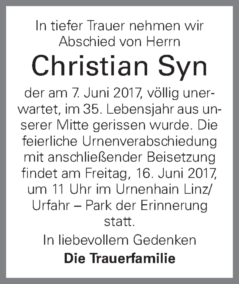  Traueranzeige für Christian Syn vom 10.06.2017 aus OÖNachrichten