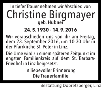 Traueranzeige von Christine Birgmayer von OÖNachrichten