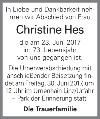 Traueranzeige von Christine Hes von OÖNachrichten