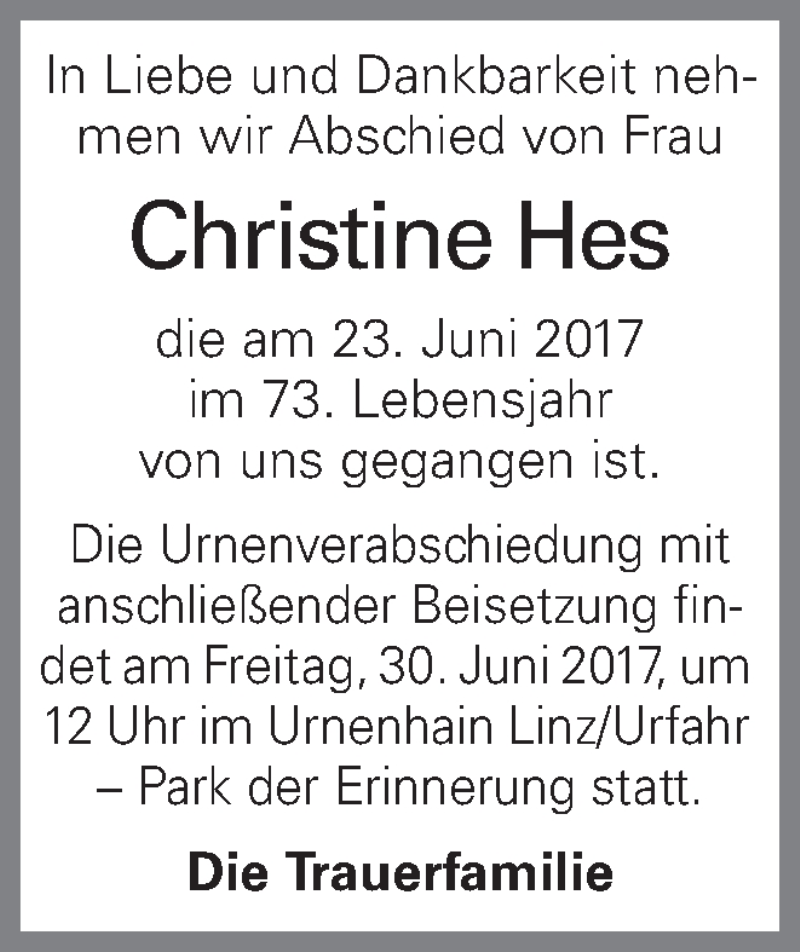  Traueranzeige für Christine Hes vom 28.06.2017 aus OÖNachrichten