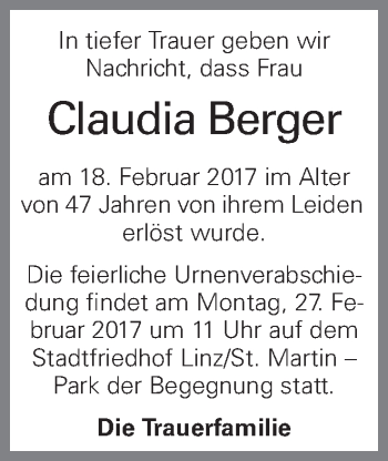 Traueranzeige von Claudia Berger von OÖNachrichten