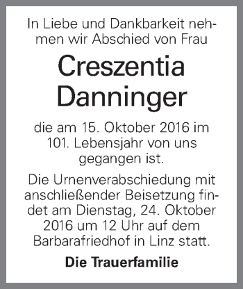 Traueranzeige von Creszentia Danninger von OÖNachrichten