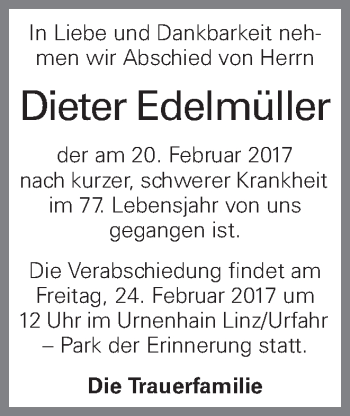 Traueranzeige von Dieter Edelmüller von OÖNachrichten