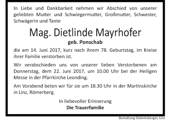 Traueranzeige von Dietlinde Mayrhofer von OÖNachrichten