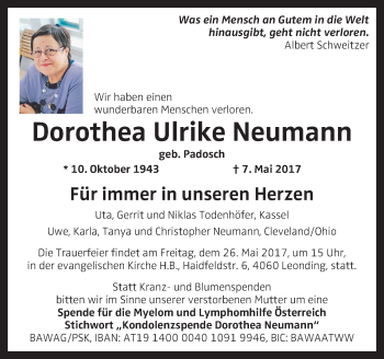 Traueranzeige von Dorothea Ulrike Neumann von OÖNachrichten