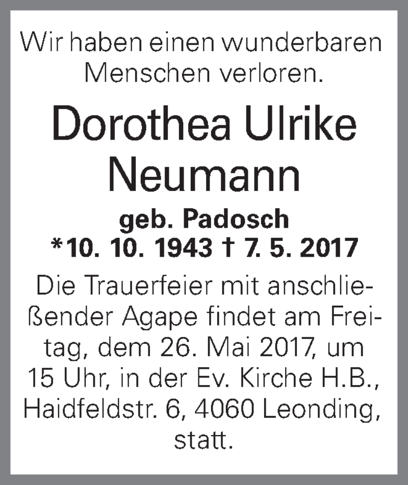  Traueranzeige für Dorothea Ulrike Neumann vom 13.05.2017 aus OÖNachrichten