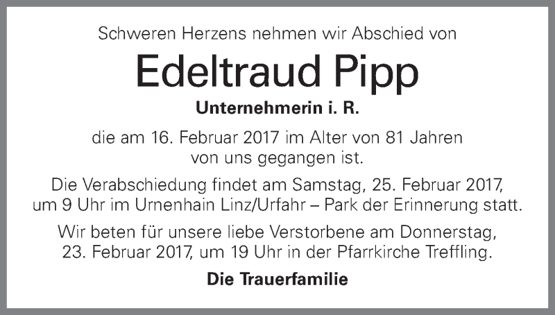  Traueranzeige für Edeltraud Pipp vom 22.02.2017 aus OÖNachrichten
