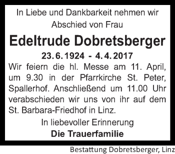Traueranzeige von Edeltrude Dobretsberger von OÖNachrichten