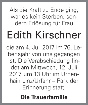 Traueranzeige von Edith Kirschner von OÖNachrichten