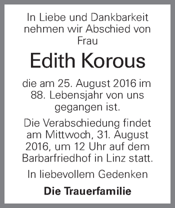 Traueranzeige von Edith Korous von OÖNachrichten