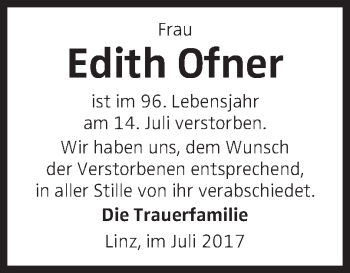 Traueranzeige von Edith Ofner von OÖNachrichten