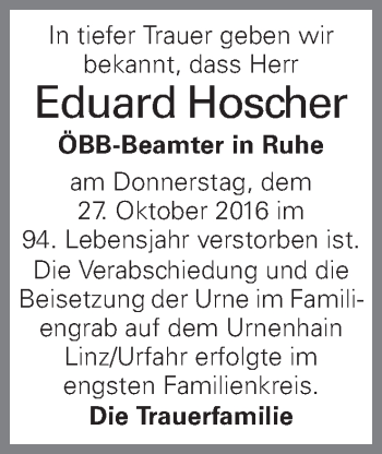 Traueranzeige von Eduard Hoscher von OÖNachrichten