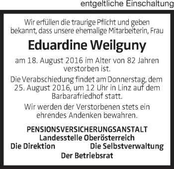 Traueranzeige von Eduardine Weilguny von OÖNachrichten