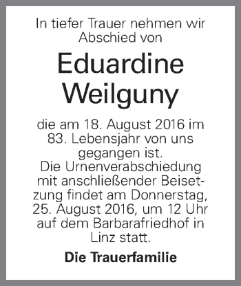Traueranzeige von Eduardine Weilguny von OÖNachrichten