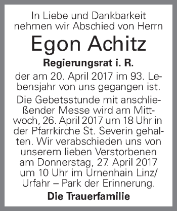 Traueranzeige von Egon Achitz von OÖNachrichten