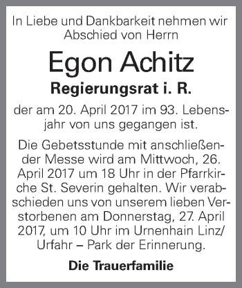 Traueranzeige von Egon Achitz von OÖNachrichten