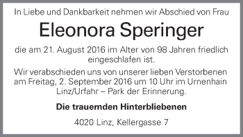 Traueranzeige von Eleonora Speringer von OÖNachrichten