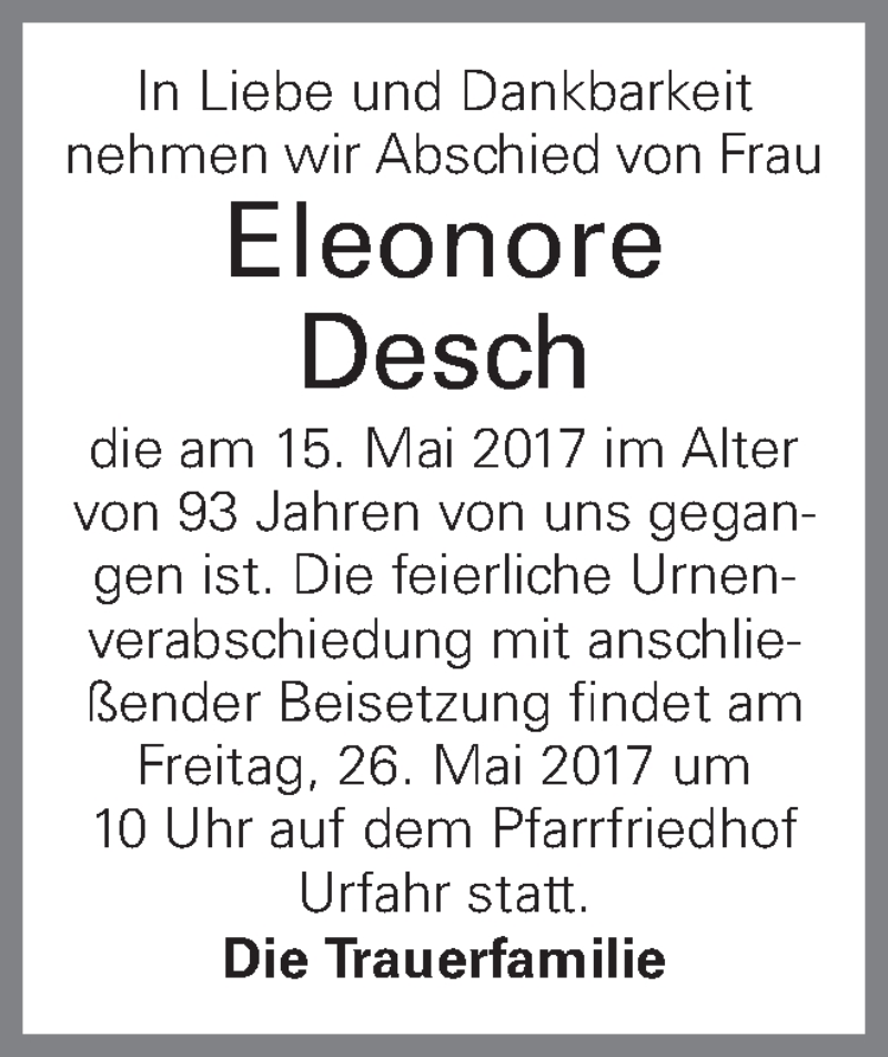  Traueranzeige für Eleonore Desch vom 20.05.2017 aus OÖNachrichten