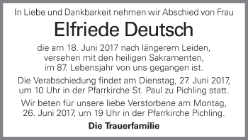 Traueranzeige von Elfriede Deutsch von OÖNachrichten