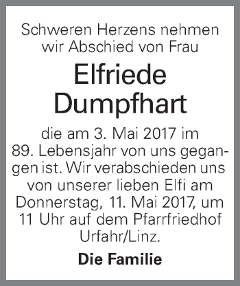 Traueranzeige von Elfriede Dumpfhart von OÖNachrichten