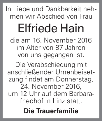 Traueranzeige von Elfriede Hain von OÖNachrichten