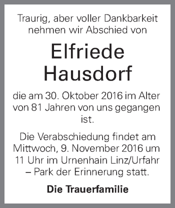 Traueranzeige von Elfriede Hausdorf von OÖNachrichten