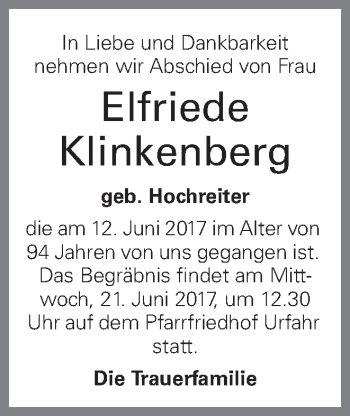 Traueranzeige von Elfriede Klinkenberg von OÖNachrichten