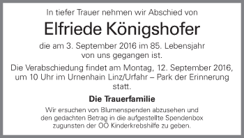 Traueranzeige von Elfriede Königshofer von OÖNachrichten
