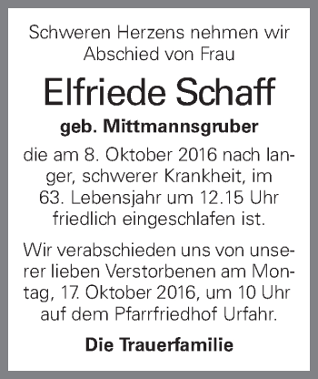 Traueranzeige von Elfriede Schaff von OÖNachrichten