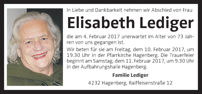  Traueranzeige für Elisabeth Lediger vom 08.02.2017 aus OÖNachrichten