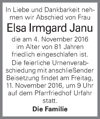 Traueranzeige von Elsa Irmgard Janu von OÖNachrichten