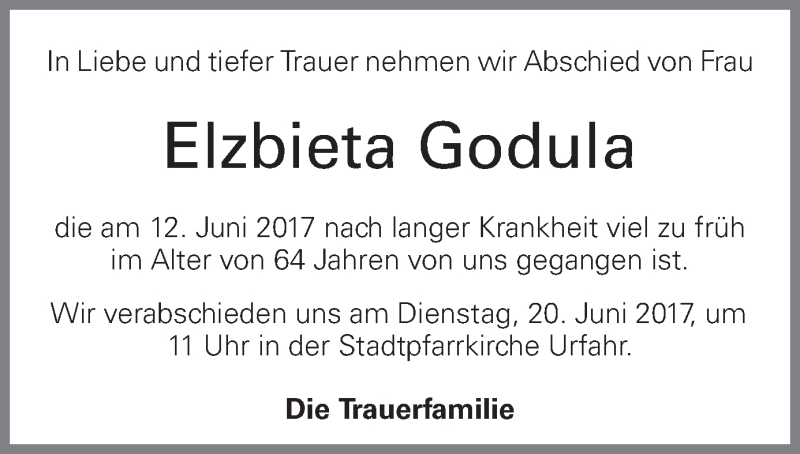  Traueranzeige für Elzbieta Godula vom 17.06.2017 aus OÖNachrichten