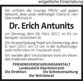 Traueranzeige von Erich Antunits von OÖNachrichten