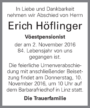 Traueranzeige von Erich Höflinger von OÖNachrichten