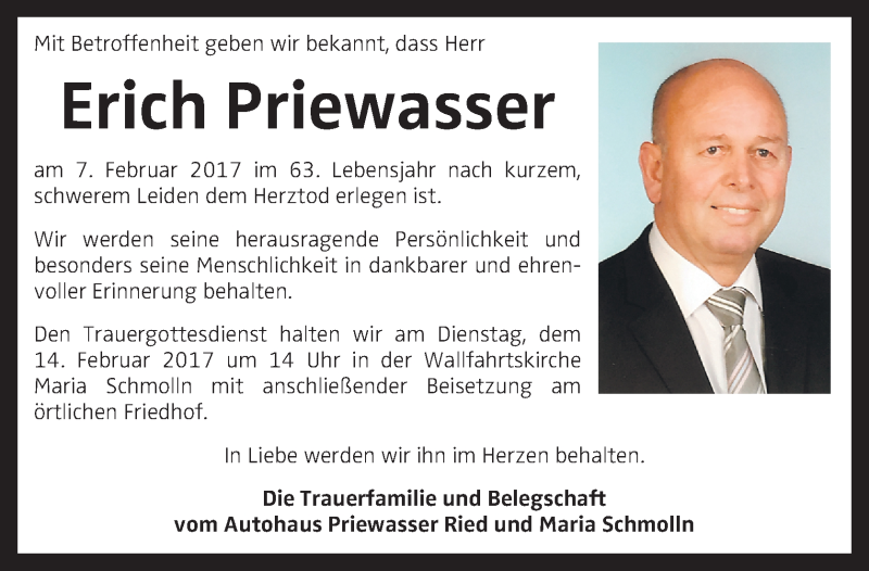  Traueranzeige für Erich Priewasser vom 11.02.2017 aus OÖNachrichten