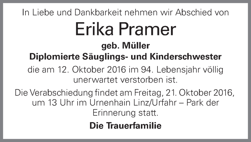  Traueranzeige für Erika Pramer vom 18.10.2016 aus OÖNachrichten