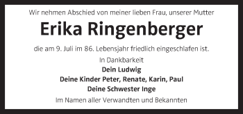 Traueranzeige von Erika Ringenberger von OÖNachrichten