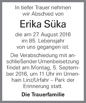 Traueranzeige von Erika Süka von OÖNachrichten