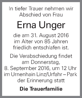 Traueranzeige von Erna Unger von OÖNachrichten