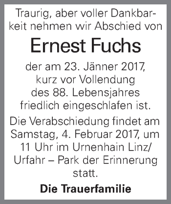 Traueranzeige von Ernest Fuchs von OÖNachrichten