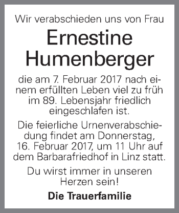 Traueranzeige von Ernestine Humenberger von OÖNachrichten