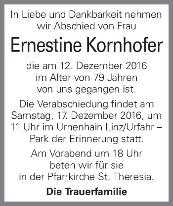 Traueranzeige von Ernestine Kornhofer von OÖNachrichten