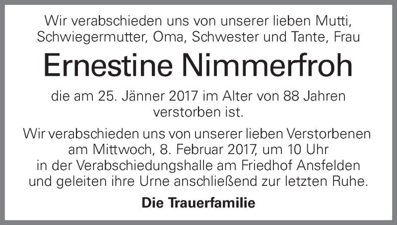  Traueranzeige für Ernestine Nimmerfroh vom 01.02.2017 aus OÖNachrichten
