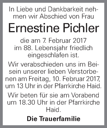 Traueranzeige von Ernestine Pichler von OÖNachrichten